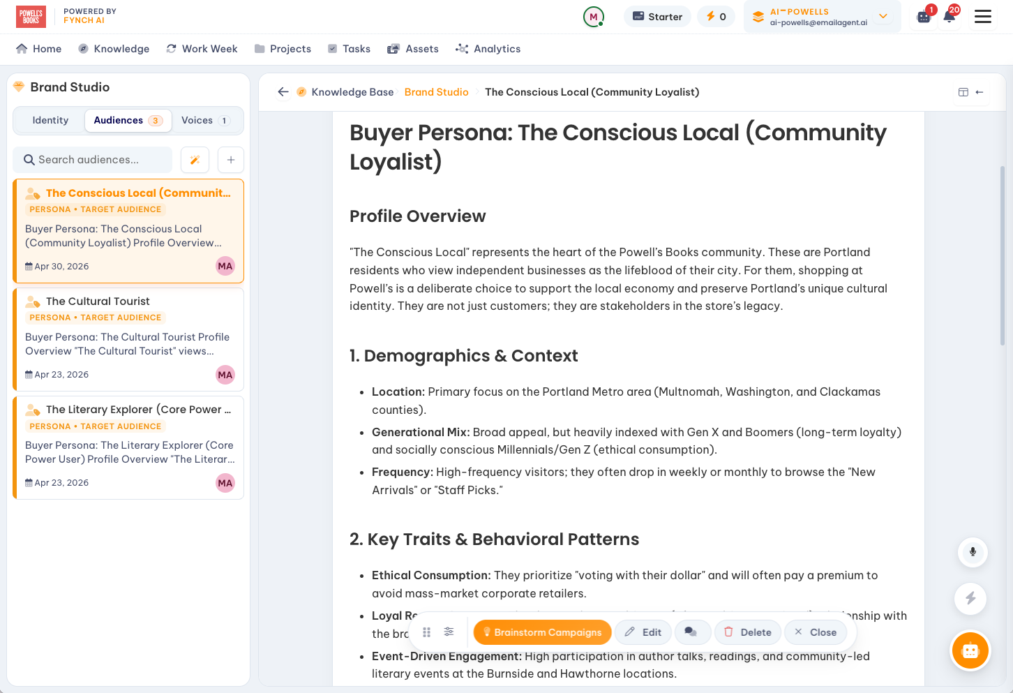 Fynch Brand Studio workspace showing a buyer persona with audiences, identity, and voices tabs