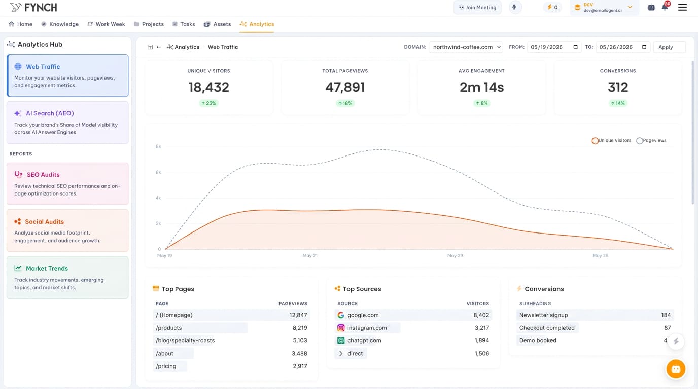 Fynch Agency Intelligence dashboard showing Web Traffic analytics for a client — 18,432 unique visitors, 47,891 pageviews, top pages, top sources, and conversions.