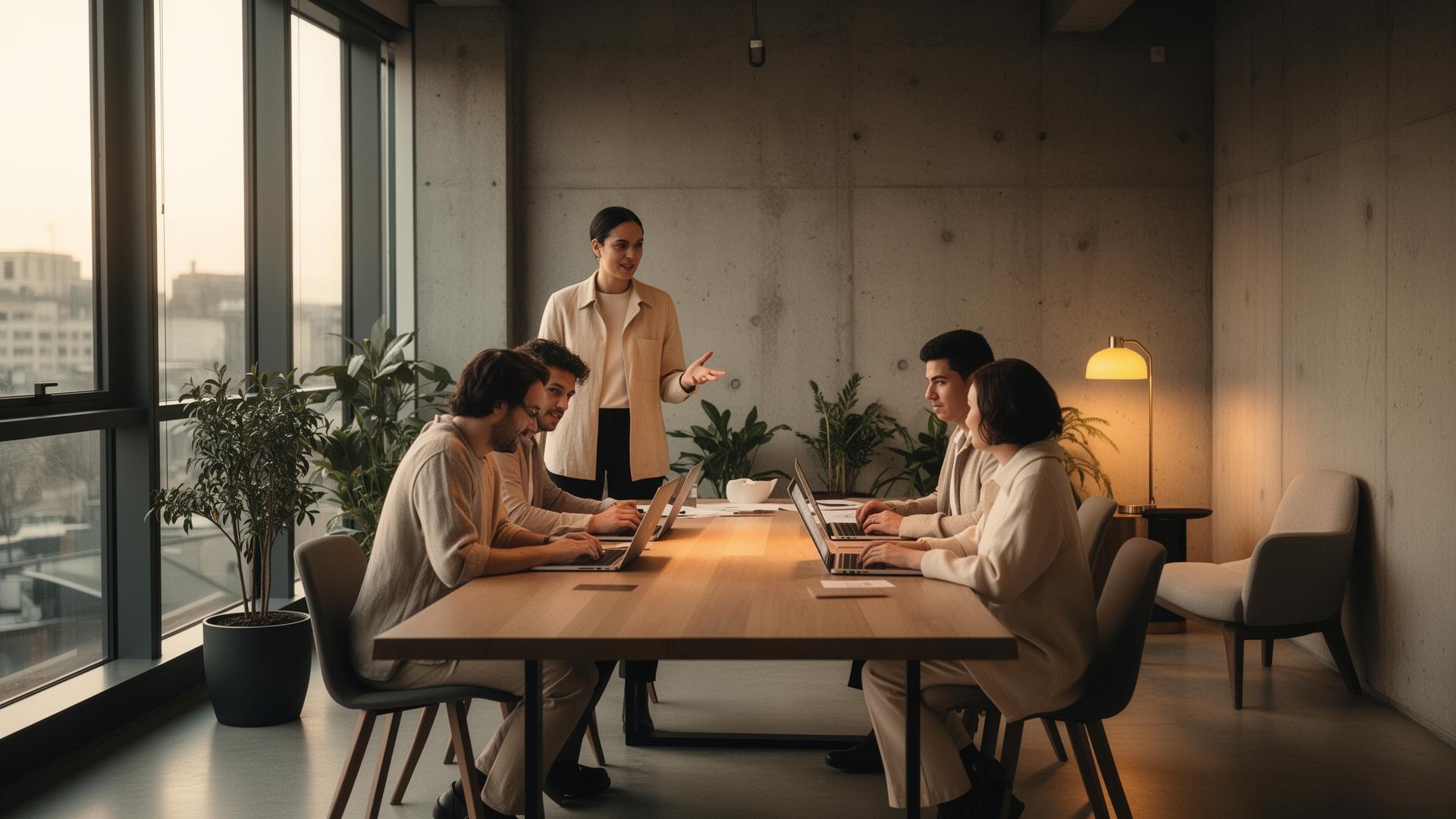 A modern marketing agency team collaborating in a studio space