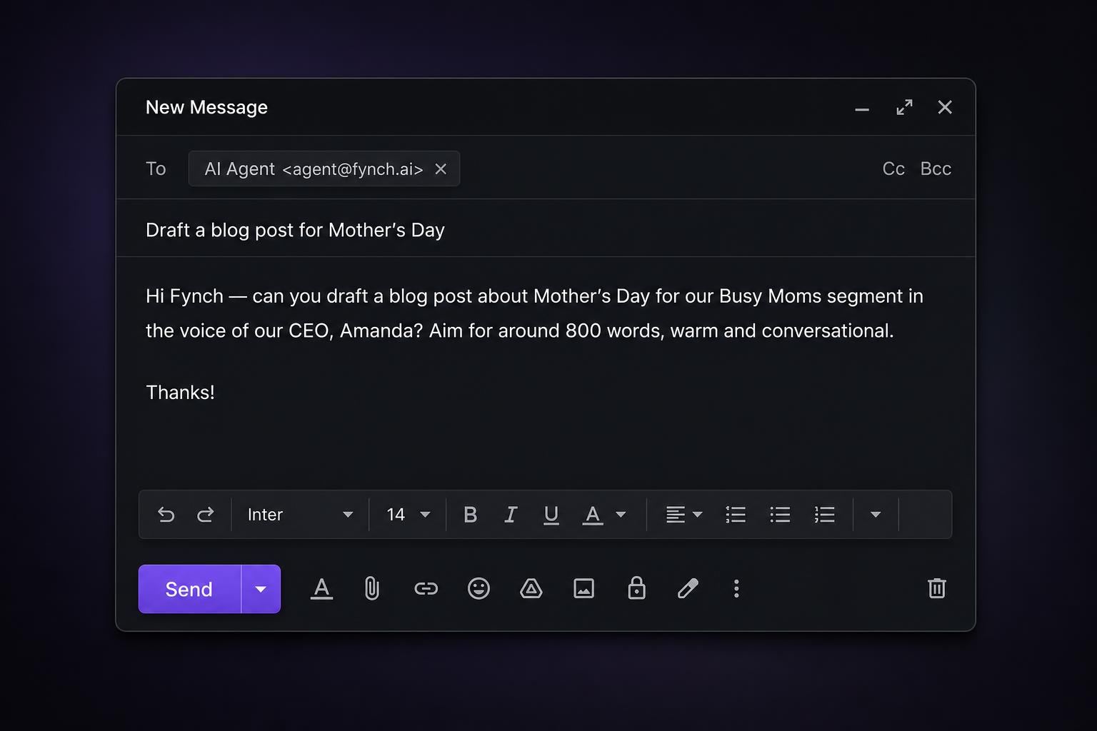 Email compose window addressed to Fynch AI Agent requesting a Mother's Day blog draft in the CEO's voice.