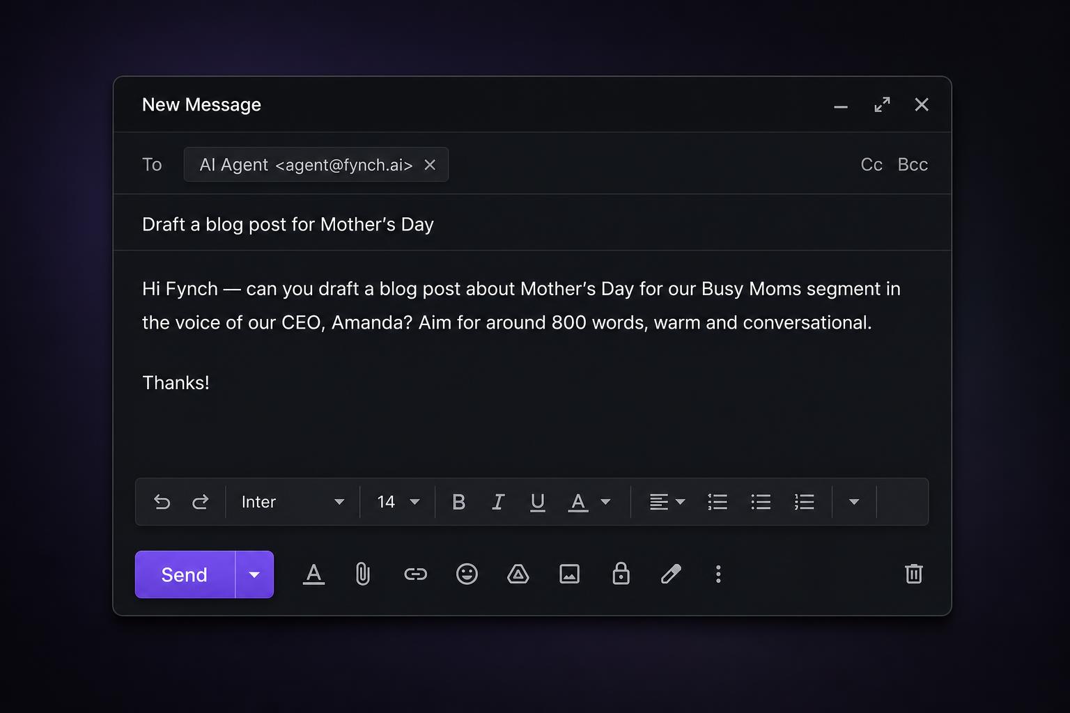 Email compose window addressed to Fynch AI Agent requesting a Mother's Day blog draft in the CEO's voice.