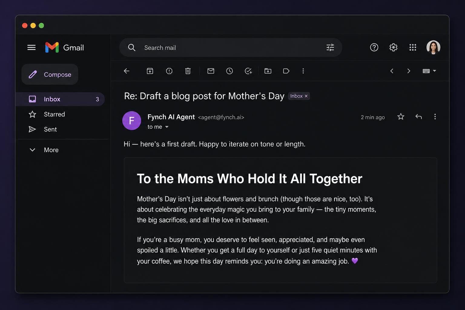 Inbox showing a polished blog draft delivered back by Fynch AI Agent, ready to use.