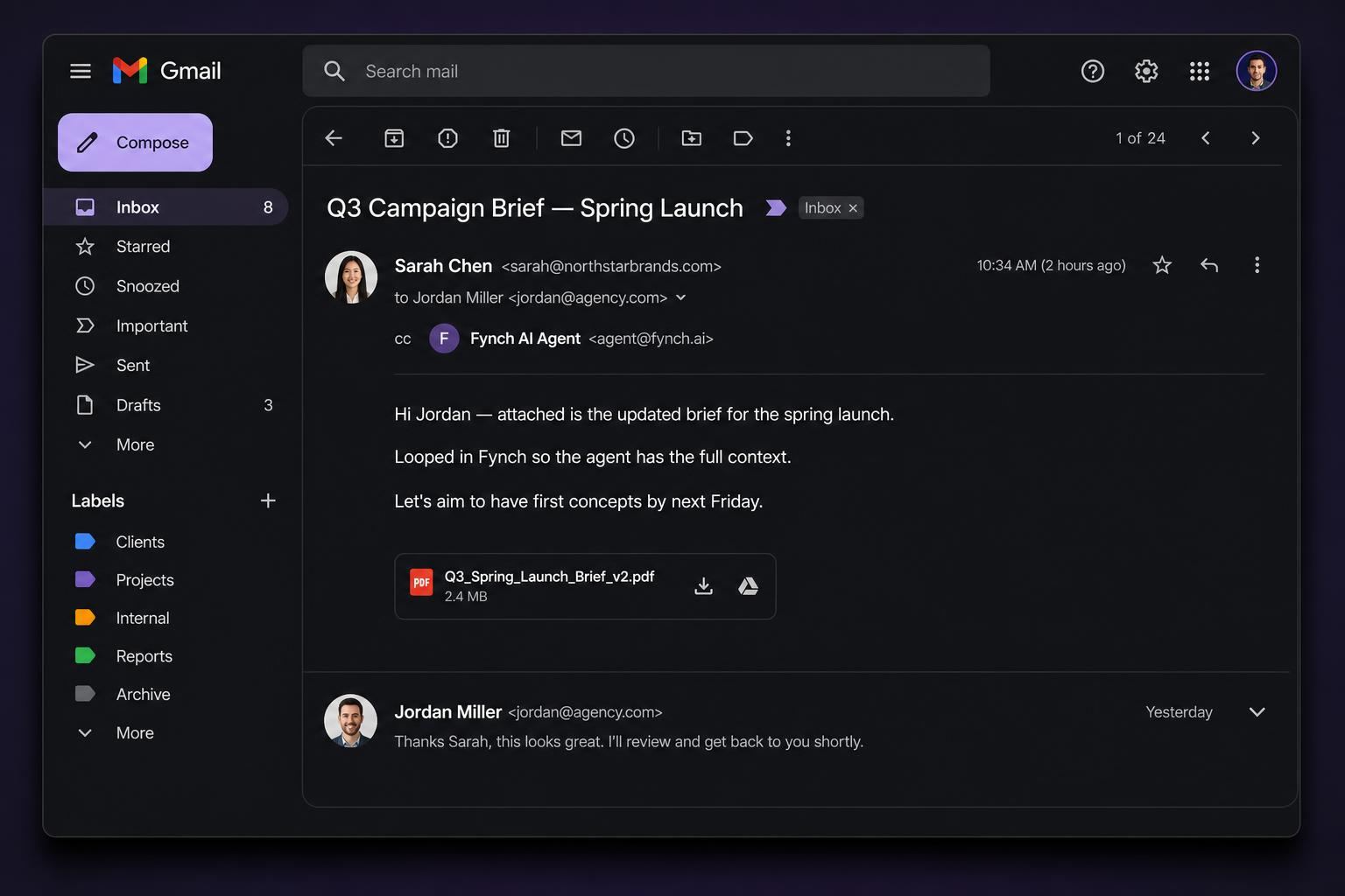 Client email thread with Fynch AI Agent CC'd, showing how Fynch joins existing conversations with full context.