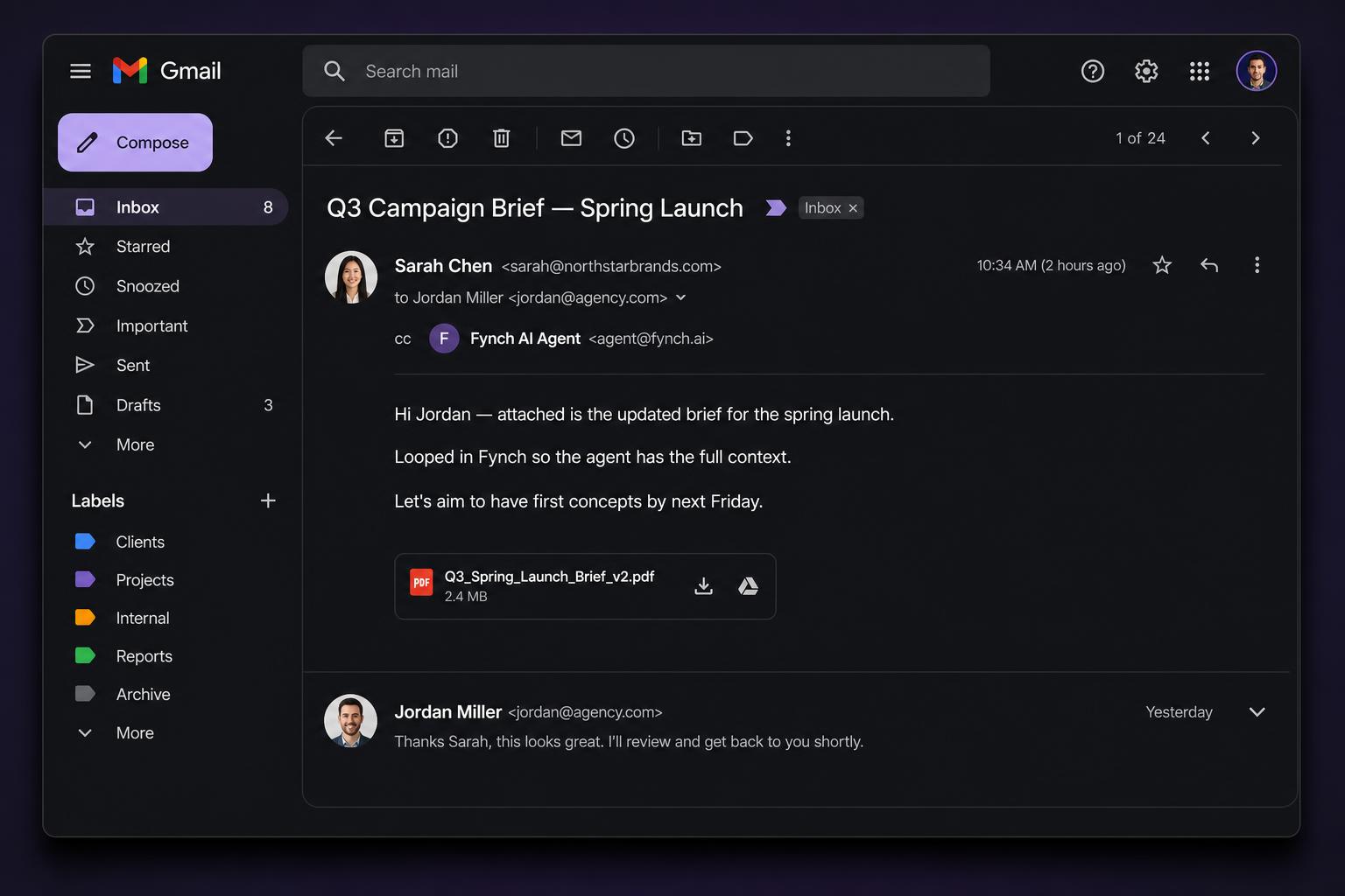 Client email thread with Fynch AI Agent CC'd, showing how Fynch joins existing conversations with full context.