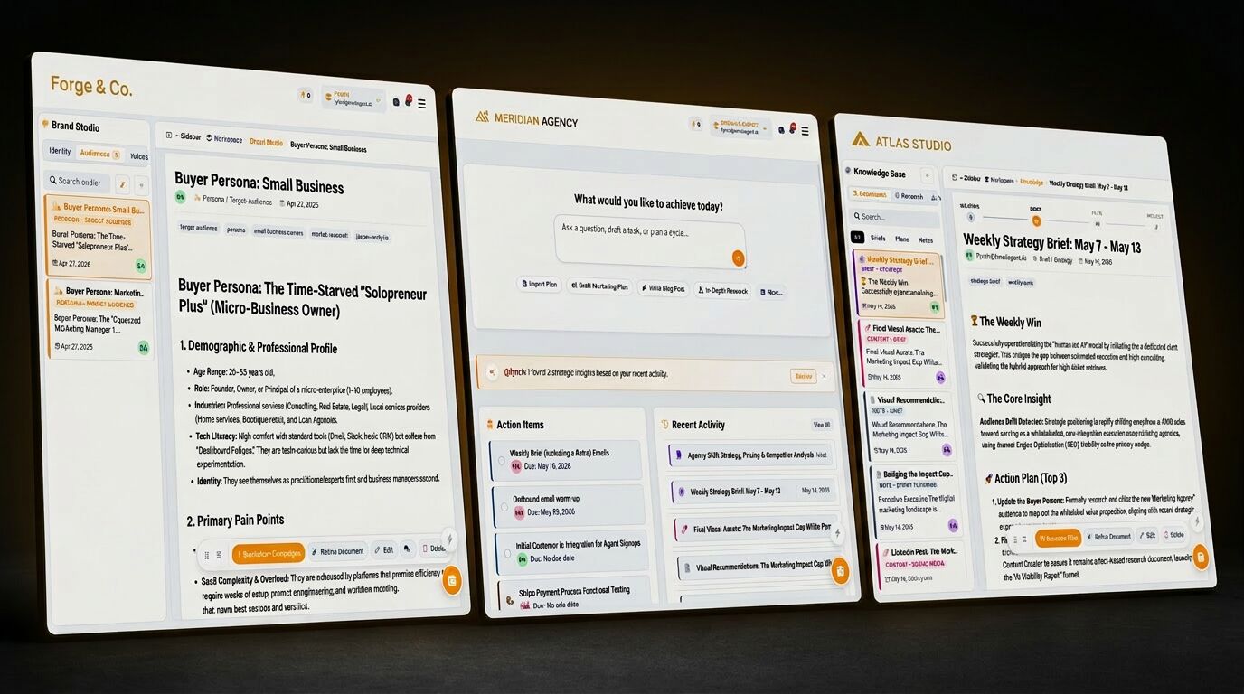 The same Fynch platform rebranded for three different agencies: Forge & Co., Meridian Agency, and Atlas Studio